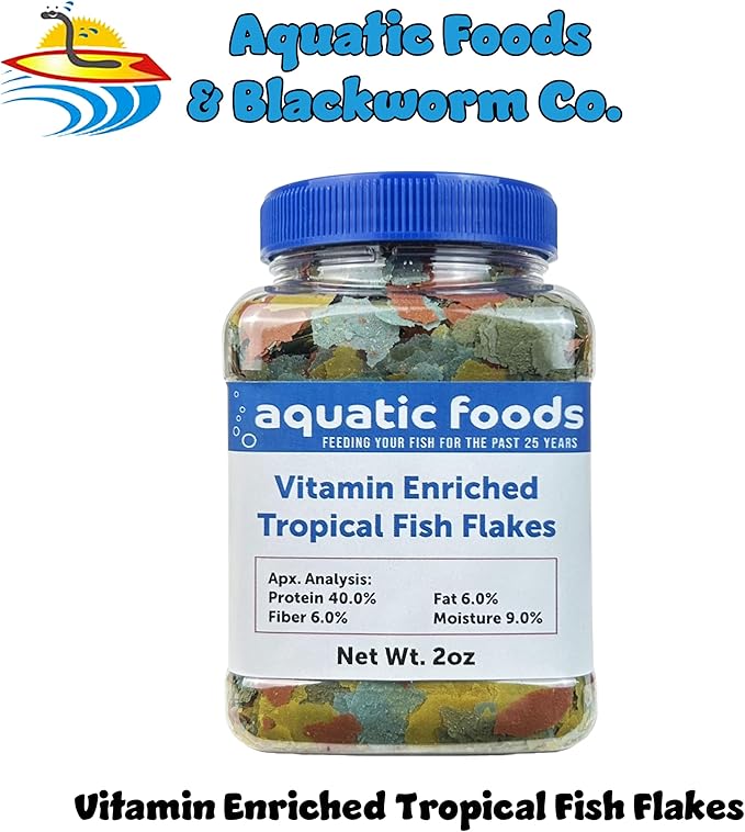 Aquatic Foods Inc. Premium Vitamin Enriched Tropical Fish Flakes, Vitamin Pack, Krill, Color Enhancing, Spirulina Flakes for All Tropical Fish Also Pellet Mix, Wafer Mix Included…2oz Jar