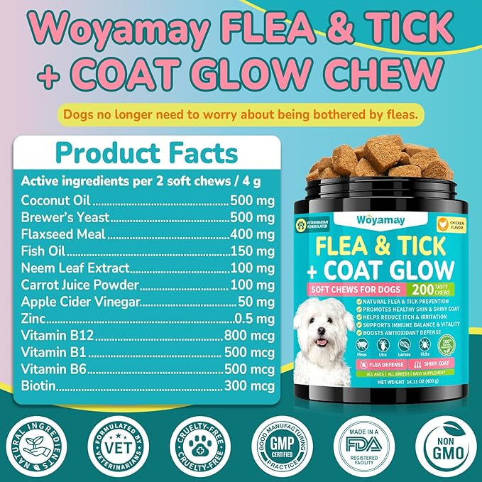 Flea + Coat Glow Soft Chews, Natural Flea and Tick Prevention for Dogs, Dog Flea and Tick Treatment Chewable, Reduces Itch & Shedding with Fish Oil & Neem, Chicken Flavor