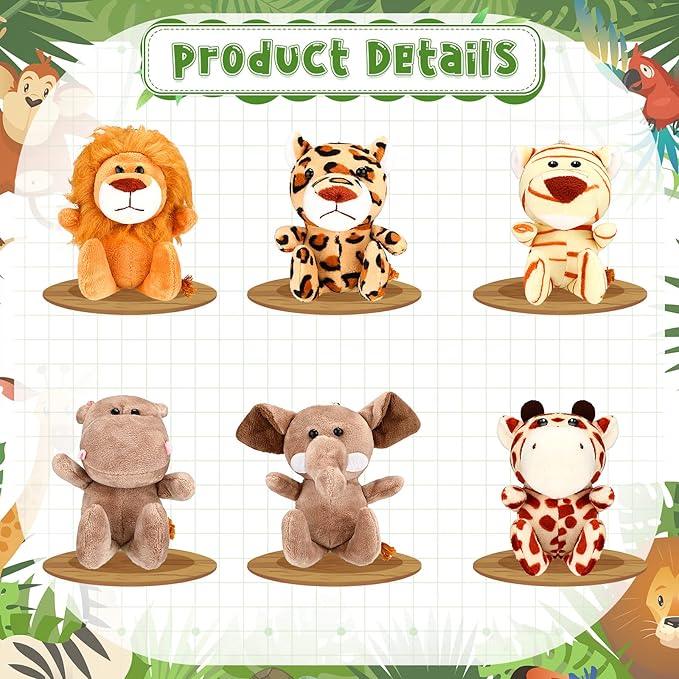 HyDren 18 Pcs Small Safari Stuffed Animals Bulk 4.8 Inch Jungle Animal Mini Plush Toy Lion Tiger Elephant Giraffe Leopard Monkey Figures for Summer, Baby Shower, Birthday Party(Cute Style)