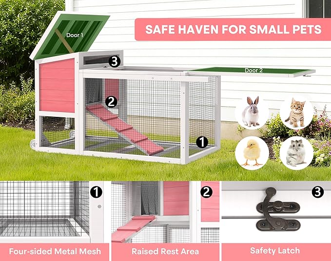 2-Story Rabbit Hutch, Insulated Bunny Hutch w/Chew-Proof Ramp & Wheels, Indoor/Outdoor Bunny Cage w/Leak-Proof Trays and Openable Waterproof Roof for Guinea Pig, Pink