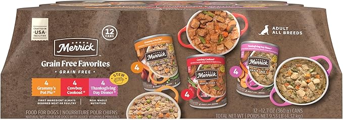 Merrick Grain Free Wet Dog Food, Premium Gluten Free Canned Variety Pack, Beef, Chicken And Turkey Recipes - (1) 12.7 oz. Cans