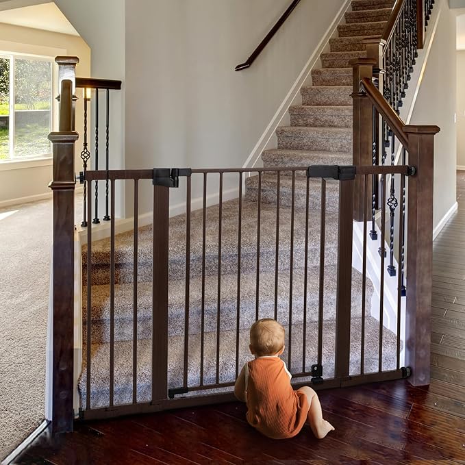 BABELIO Baby Gate with Black Wood Pattern, 29-48 Inch Auto Close Dog Gate PressGuard P7 for The House, Stairs and Doorways, Pressure Mounted Pet Gate with Door and Y Spindle Rods