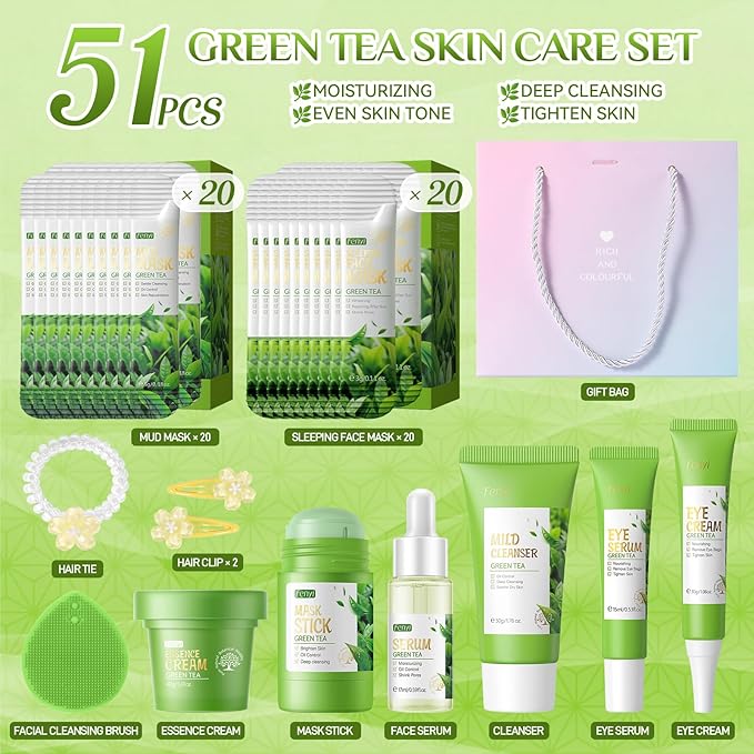 Green Tea Skin Care Set, Skincare for Girls 10-12, 51Pcs Skincare Gift Set for Teens Complete Skincare Routine, Travel Size Skincare Set with Hair Clips, Kids Skin Care Set for Girls Ages 8-12