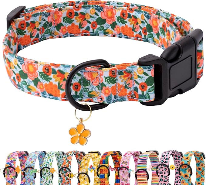 Faygarsle Dog Collar for Small Medium Large Dogs Cute Gaily Colored Puppy Collars for Female Dogs Floral Patterned Pet Collars for Summer Spring Wedding Puppy Girl Dog Collar L