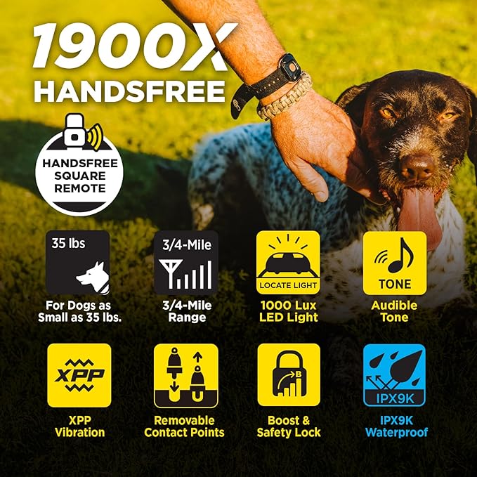 Dogtra 1900X Handsfree E-Collar for Dog Training - 3/4 Mile Range, for Dogs 35 lbs+, Waterproof, 100 Stimulation Levels, Vibration, Tone, Rechargeable - Hands-Free Remote for Dog Owners and Trainers