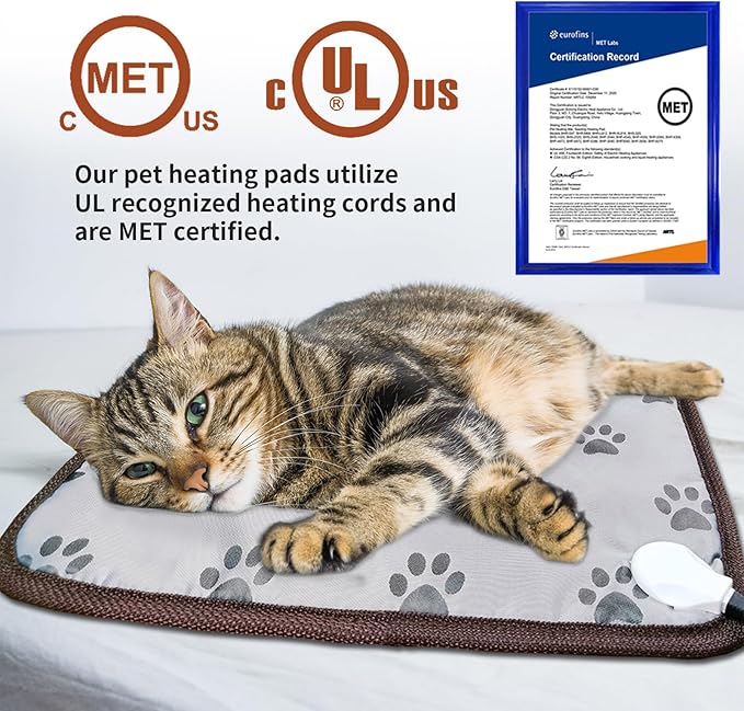 Cat Heating Pad 18x18 in with Smart Thermostat Switch and Power Line Protection Tube,Obtained MET and UL Dual Certification,Waterproof Pet Heating Pad for Cats-Paw Print