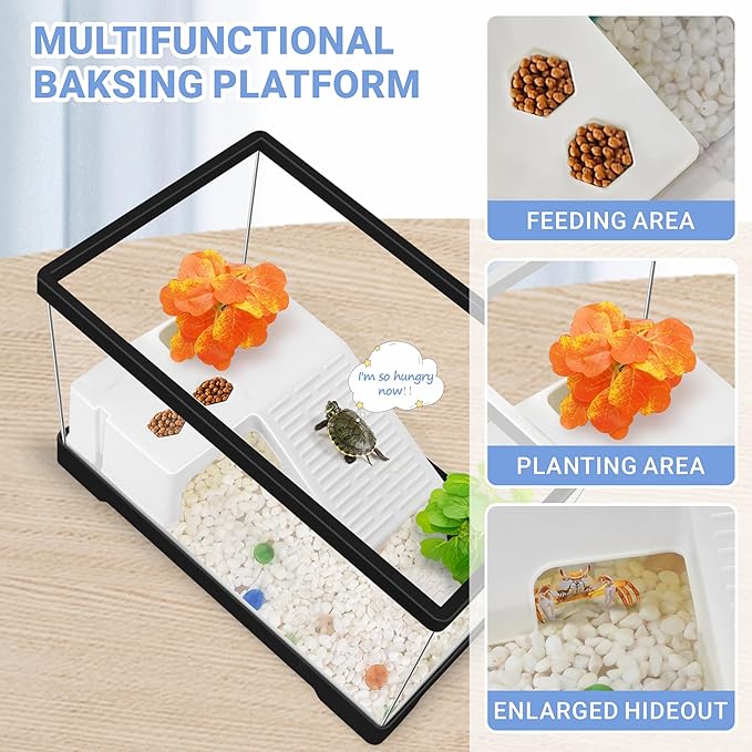 GOZILLA Mini Turtle Tank Kit with Adjustable Lamp, Upgrade PC Hermit Crab Tank,Small Turtle/Hermit Crab Starter Kit with Lid, Hideout Platform for Baby Turtles, Crabs, Fish.(11.8×7.24×7.1''/Black Kit)
