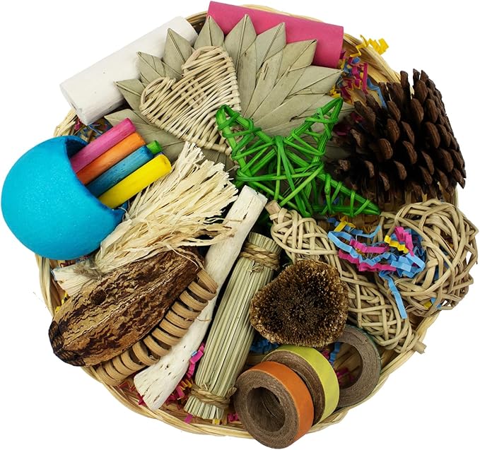 Super Bird Creations SC228 Bunny Foraging Basket - Toss & Chewable Bamboo Plate w/ 25 Engaging Toys - Ideal for Rabbits Hamsters Cockatiel Parrot - Bundle Toys for Medium Birds & Small Animals, 9"x9"