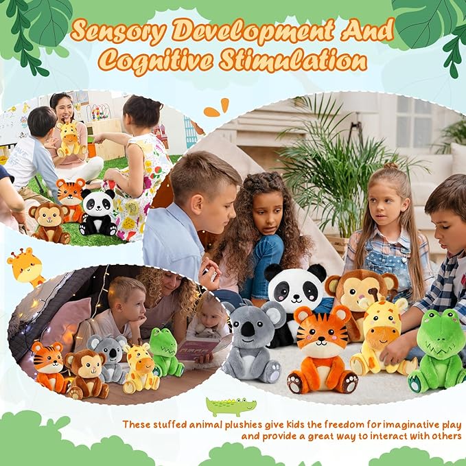 6 Pcs Small Stuffed Safari Animals Bulk, 7 Inch Jungle Animals Stuffed Toys, Plush Panda Crocodile Monkey Giraffe Tiger Elephant for Baby Shower Safari Jungle Themed Party Student Award