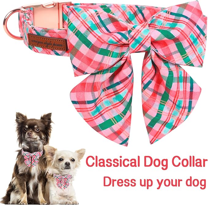 Unique style paws Dog Collar with Tie Pink & Green Plaid Dog Collar Best Gifts for Small Medium Large Dogs -XS