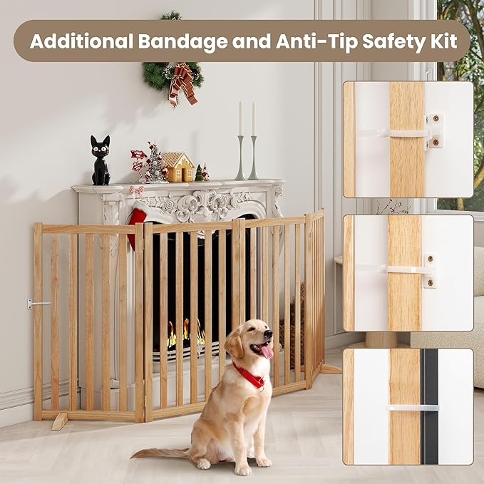 Wire Dog Gate Solid Wood Frame, 36" Height, Anti-Chewing Pet Gate Indoor Freestanding Indoor Foldable Dog Fences for Stairs, House, Doorway Extra Wide, 4-Panel, 60" Wide, Natural