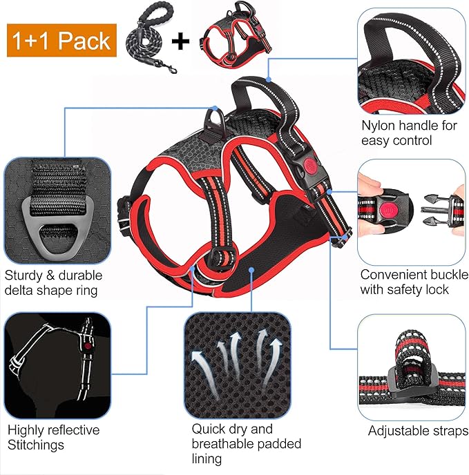 No Pull Dog Harness Adjustable Reflective Oxford Easy Control Medium Large Dog Harness with A Free Heavy Duty 5ft Dog Leash