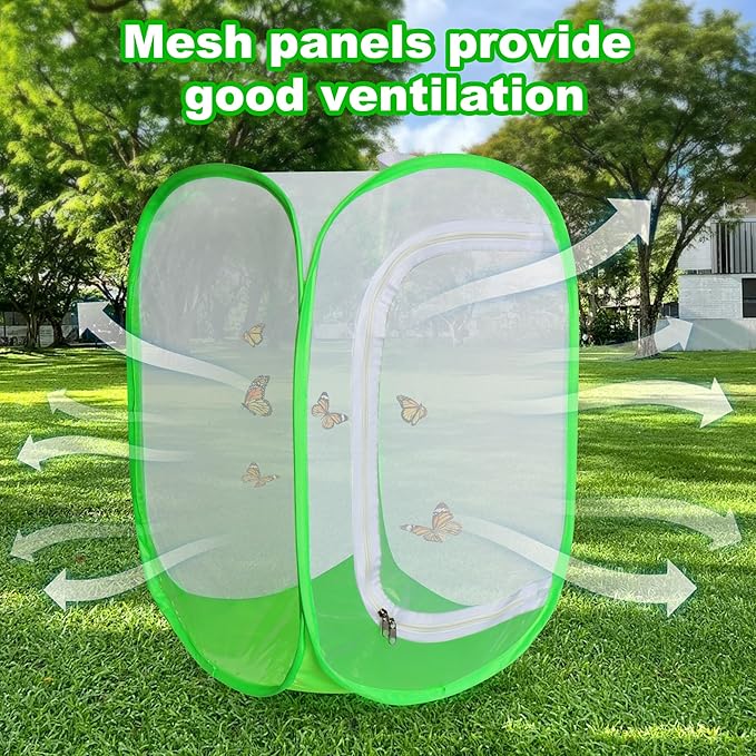 Large Monarch Butterfly Caterpillar Habitat Insect cage pop-up Transparent View with 6 mesh Panels, Foldable and Reusable with a Poop pad for Easy Cleaning (35.4 x 23.6 x 23.6 inches)