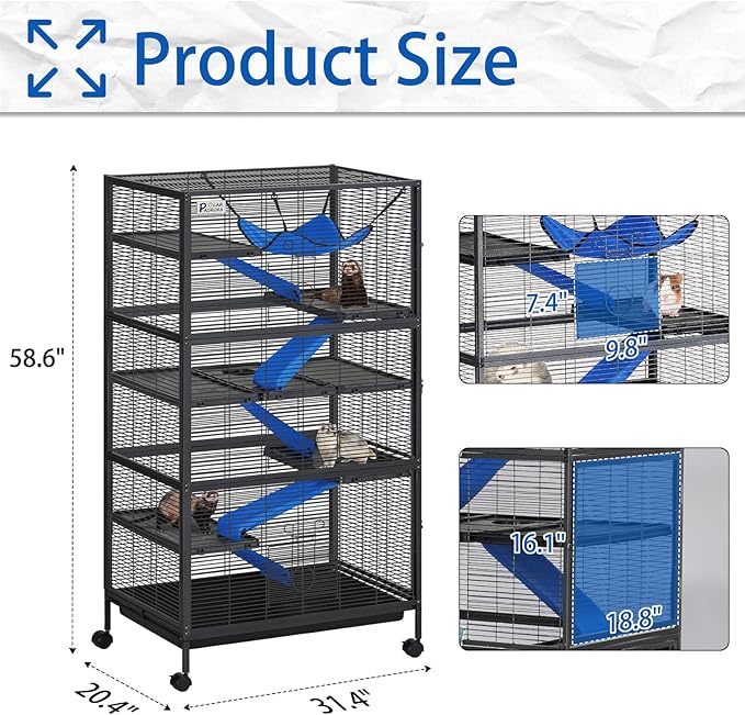 Polar Aurora Metal Small Animal Cage, 59" H Ferret Cage with Lockable Wheels, Deluxe Chinchilla Cages with Hammock and Removable Tray, 6 Tiers Critter Nation Cages for Pets (XL)