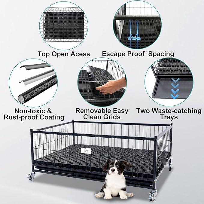 Homey Pet Nine Packs 43" Dog Whelping Box for Puppies, Heavy Duty Metal Whelping Box for Small Breed Dogs with Washable Plastic Floor, Removable Tray and Four Lockable Wheels