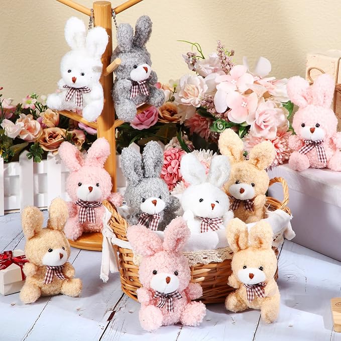 Sotiff 24 Pcs Easter Plush Bunny Stuffed Animal Gift Bulk 4.7 Inch Mini Bunnies Keychain Doll Furry Rabbit with Bow Tie for Birthday Baby Shower Party Favor Gifts Classroom Rewards(Classic Color)