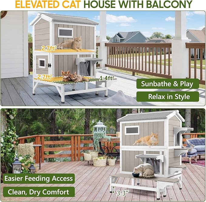 PetsCosset Outdoor Cat House Weatherproof with Balcony Outside Wooden Feral Cat Shelter with 3 Jumping Platforms and Openable Asphalt Roof for Cats and Small Animals