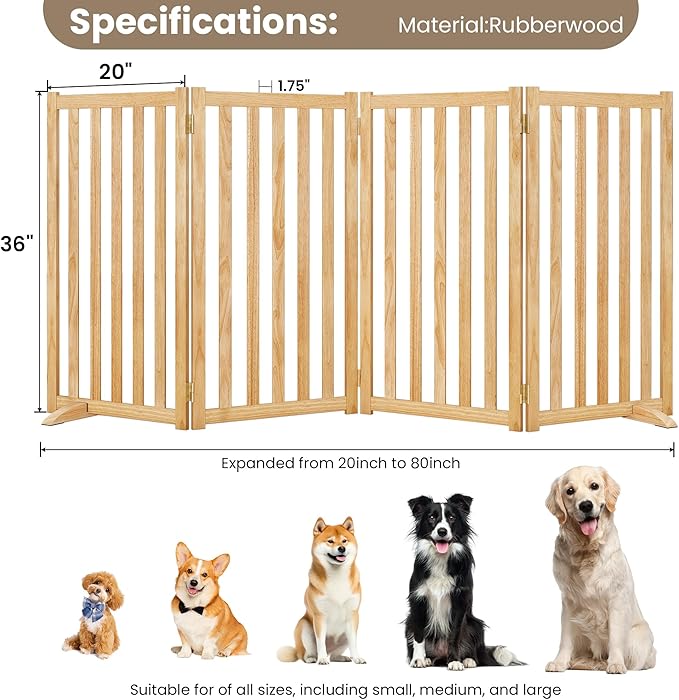 Wire Dog Gate Solid Wood Frame, 36" Height, Anti-Chewing Pet Gate Indoor Freestanding Indoor Foldable Dog Fences for Stairs, House, Doorway Extra Wide, 4-Panel, 60" Wide, Natural