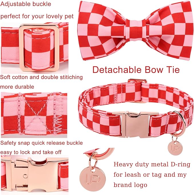 Red and Pink Plaid Dog Collarwith Bow Tie– Adjustable Red & Pink Checkered Dog Collar for Small Medium Large Dogs, Soft Xmas Plaid Puppy Collars with Quick Release Buckle XS