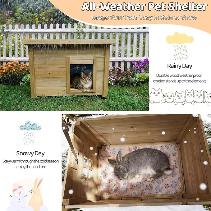 Cat House Weatherproof Roof Feral Kitty Shelter, Outdoor Indoor Wooden Pet Shelter for Bunnies,Cats,Dogs and Other Small Animals