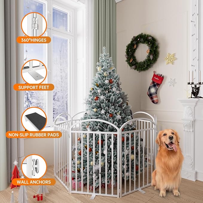 8 Panels Full Matel Freestanding Dog Gates with Door, 192"Extra Wide 32"Tall Free Standing Dog Pet Gate for Indoor & Outdoor. Foldable Pet Fences for Doorways, House, Stairs, Porch, Deck, Yard