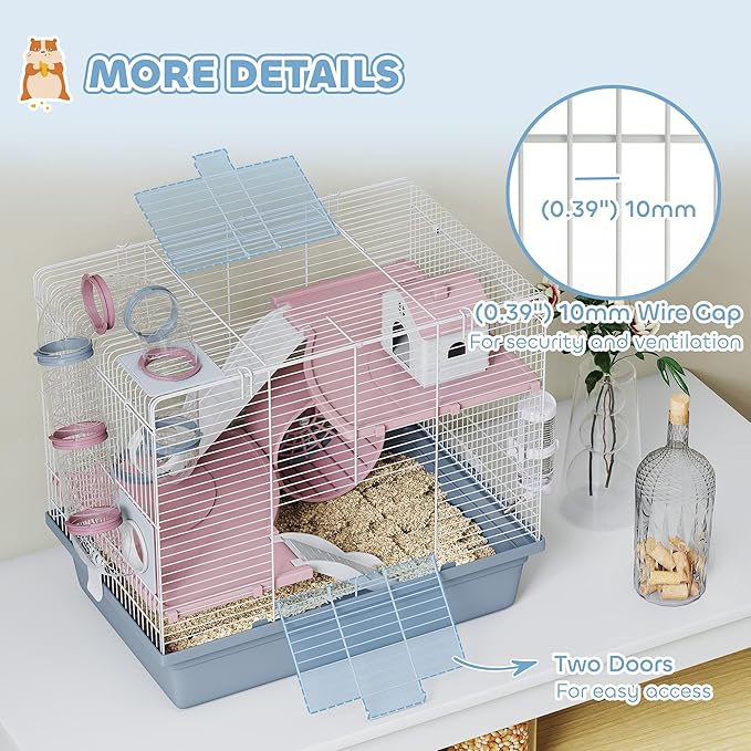 PawHut Hamster Cage, 3-Tier Gerbil Cage with Exercise Wheel, Food Bowl, Water Bottle, House, Tunnels, Ramps, Small Animal Habitat for Dwarf Hamster, Blue