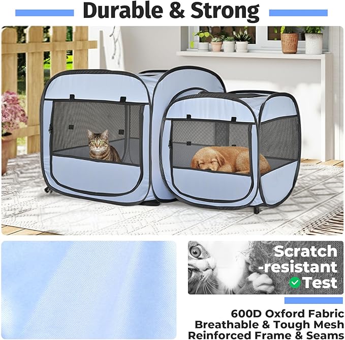 EighteenTek® 2-in-1 Portable Cat Playpen, Pop up Large Kitten Playpen, No Assembly Need, Pet Cat Dog Tent Crates Kennel Cage, Cats Enclosure for Dog and Puppy Indoor Outdoor(No Divider, Unified Space)
