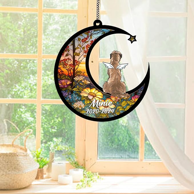 Personalized Irish Wolfhound (Gold) Sun Catcher, Dog Memorial Gifts, Custom Irish Wolfhound (Gold) with Wings Ornament Christmas Tree, Loss of Dog Sympathy Gift Memorial Suncatchers