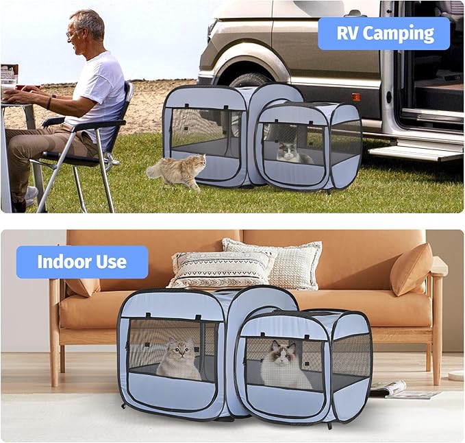 EighteenTek® 2-in-1 Portable Cat Playpen, Pop up Large Kitten Playpen, No Assembly Need, Pet Cat Dog Tent Crates Kennel Cage, Cats Enclosure for Dog and Puppy Indoor Outdoor(No Divider, Unified Space)