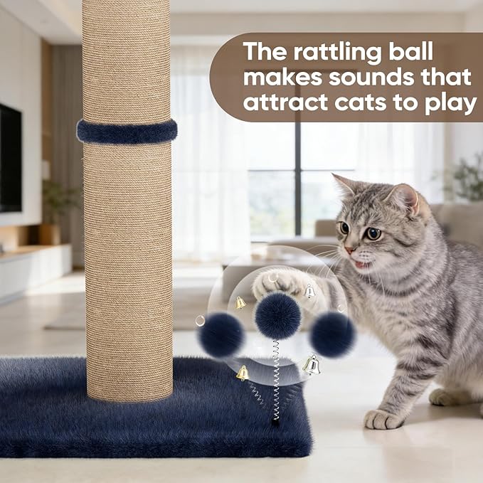XiaZ Cat Scratching Post 34 Inches Tall, Cat Tower Scratcher Extra Wide 15.8" Stable Base with 2 Interactive Balls, Premium Natural Sisal & Plush Fabric for Small, Medium Large Cats (Navy Blue, 4.5in)