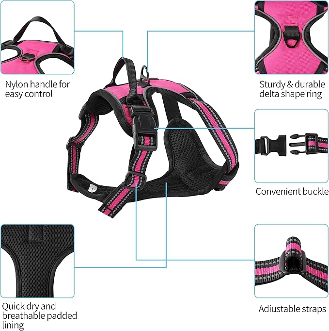 Hot Pink No-Pull Dog Harness with 2 Leash Clips，Soft Padded Vest for Large Dog, Adjustable Reflective Dog Vest Easy to Put on and Take Off,Neck: 18"~26", Chest: 25"~34",Hot Pink XL