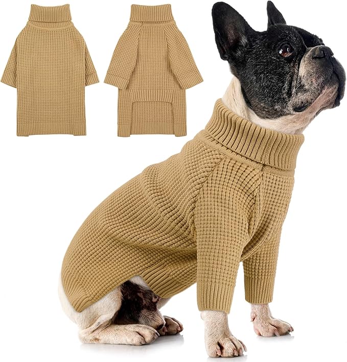 Queenmore Dog Sweater for Medium Dogs, Turtleneck Pet Sweater with Check Pattern, Fall Winter Warm Dog Sweaters, Solid Pull-on Pet Sweater for Cats,Brown M