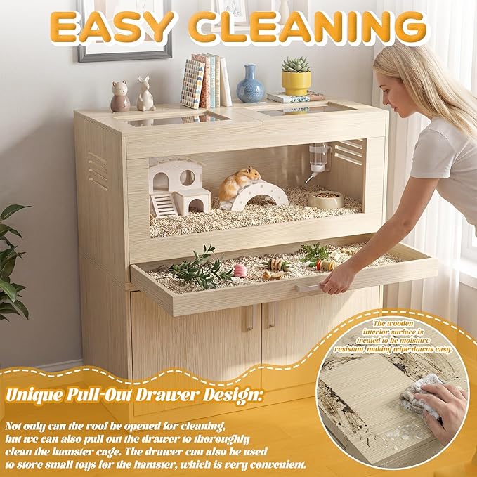 Hamster Cage with Storage Cabinet Detachable, Large Wooden Small Animal Habitat with Easy-Clean Drawer & Acrylic Panels for Guinea Pig, Rabbit, Hedgehog, Gerbil, Chinchilla, Teak