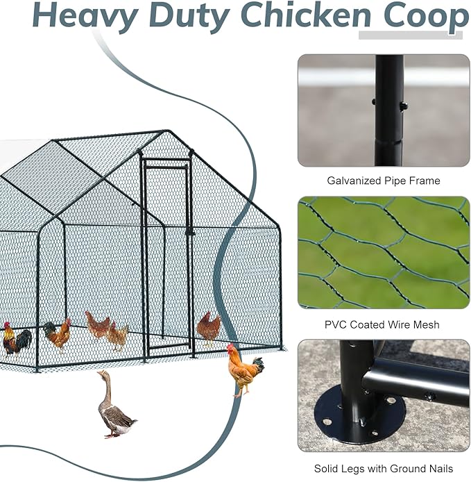 VINGLI Chicken Coop, 9.8x9.8x6.5 ft Large Metal Poultry Cage for Chicken Run, Walk-in Chicken Pen with Waterproof & Anti-UV Cover for Yard Outdoor (Black-Spire Roof)