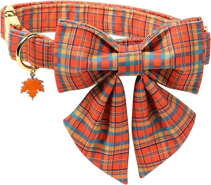 DOGWONG Cotton Fall Plaid Dog Collar, Orange Pumpkin Plaid Dog Collar with Bow Halloween Dog Collars Puppy Necklace for Small Medium Large Dogs