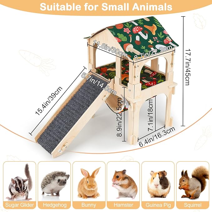 Bienbee Guinea Pig Hideout, Large Wooden Guinea Pig Castle with Stair, Hammock and Mat, Detachable Double-Decker Guinea Pigs House for Bunny Hamster Chinchilla Ferret Rabbit Guinea Pigs Accessories