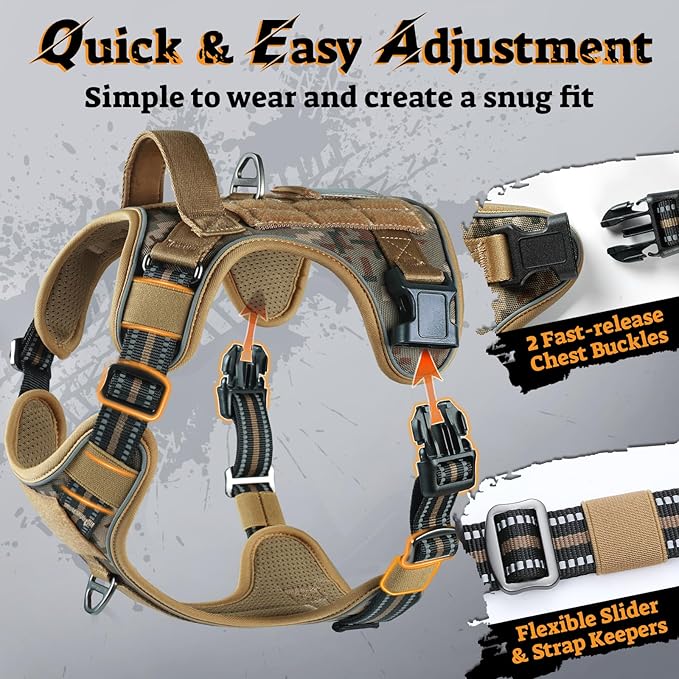 rabbitgoo Dog Harness Medium Sized No Pull, Tactical Service Pet Vest with Molle and Control Handle, Adjustable and Reflective Military Harness for Easy Walking and Training, Desert camo, M