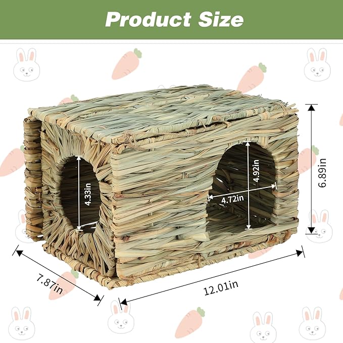 BWOGUE Large Bunny Grass House Natural Seagrass Bed Hideaway Toy Rabbit Hideout Hay Mat Chew Toys Guinea Pig Comfortable Hut for Bunny Hamster Chinchilla Small Animals