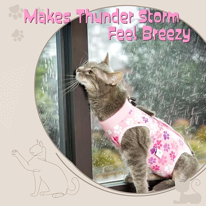 Cat Recovery Suit – Soft Breathable Cat Onesie for Female & Male Cats After Surgery, Spay, Neuter or Wounds, Cat Surgery Suit, Recovery Suit for Cats, Cone Alternative, Pink Paw Print