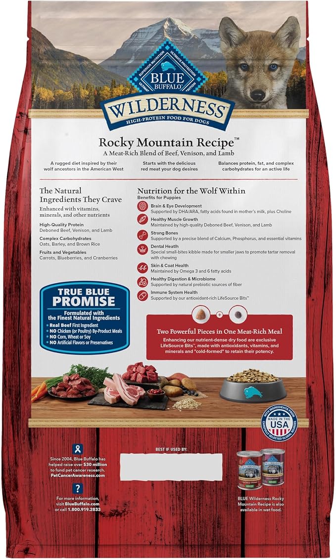 Blue Buffalo Wilderness High-Protein Rocky Mountain Recipe Dry Food for Puppies, Red Meat & Grains, 24-lb Bag