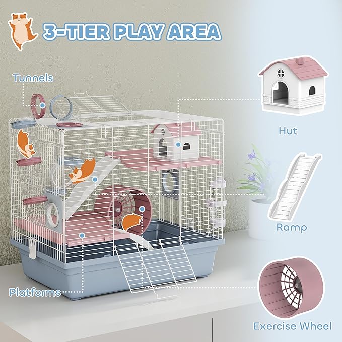 PawHut Hamster Cage, 3-Tier Gerbil Cage with Exercise Wheel, Food Bowl, Water Bottle, House, Tunnels, Ramps, Small Animal Habitat for Dwarf Hamster, Blue