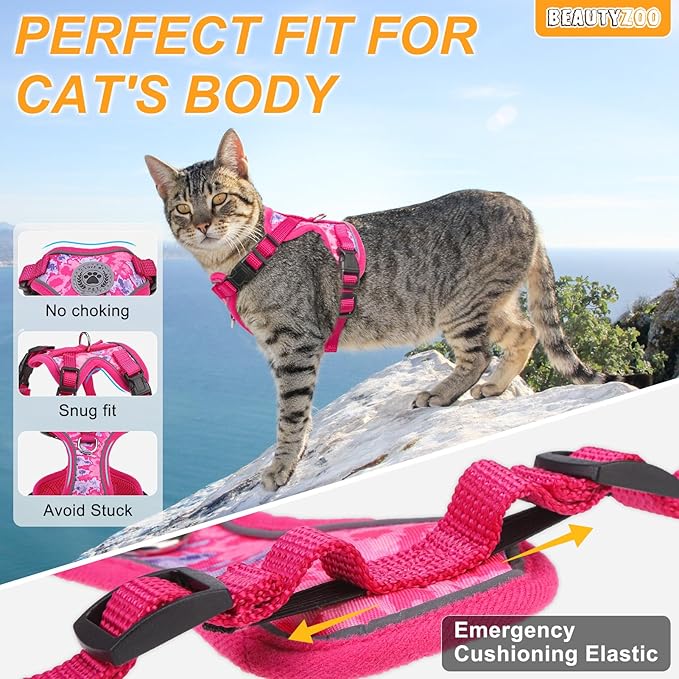 BEAUTYZOO Escape Proof Cat Harness and Leash for Walking, Soft Adjustable Cute Vest for Small to Large Cats, Reflective Breathable Easy-Control Outdoor Jacket, Kitten Harness and Leash Set, Rose, S