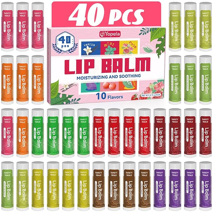 40 Pack Natural Lip Balm Bulk with Vitamin E and Coconut Oil - Moisturizing Dry Cracked Lips, Mini Chap Stick Gifts for Kids Women Men- 10 Flavors, Valentine's Gifts