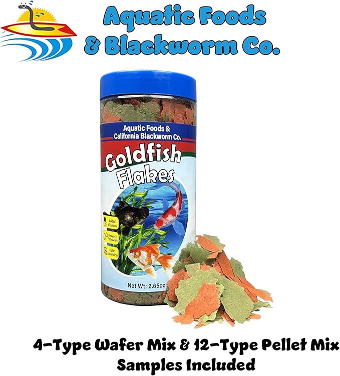 Aquatic Foods Inc. Goldfish Flakes, 42% Protein Premium Goldfish Flakes for Aquarium and Pond Fish. Also Good for Koi 2.65oz Canister