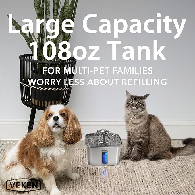 Veken Innovation Award Winner Stainless Steel Cat Water Fountain, 108oz/3.2L Automatic Pet Fountain Dog Water Dispenser with 3 Replacement Filters & Silicone Mat for Cats, Dogs, Multiple Pets (Silver)
