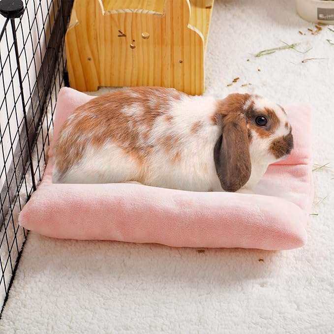 MEWTOGO 15.7" x 14" Bunny Bed for Rabbit Cage - Thickened Soft Prevent Sore Hocks Plush Mat with Cotton Lounger Pillows, Small Animal Flop Mat for Hutch Sleeping Indoor, Pink