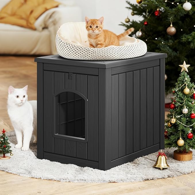 KAMABOKO Outdoor Cat House Weatherproof Plastic Cat Shelter for Indoor & Outdoor, Durable All-Season Pet House, Black