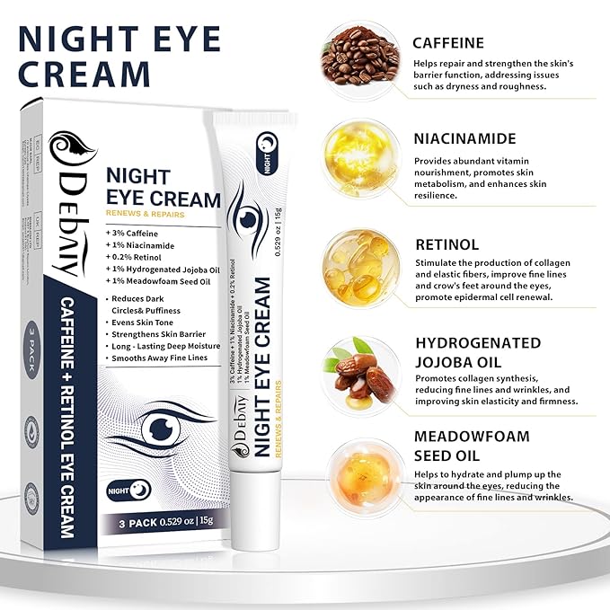 3% Caffeine Eye Cream for Dark Circles Puffiness & Bags Under Eyes Night Cream (3 Pack 15g Each)