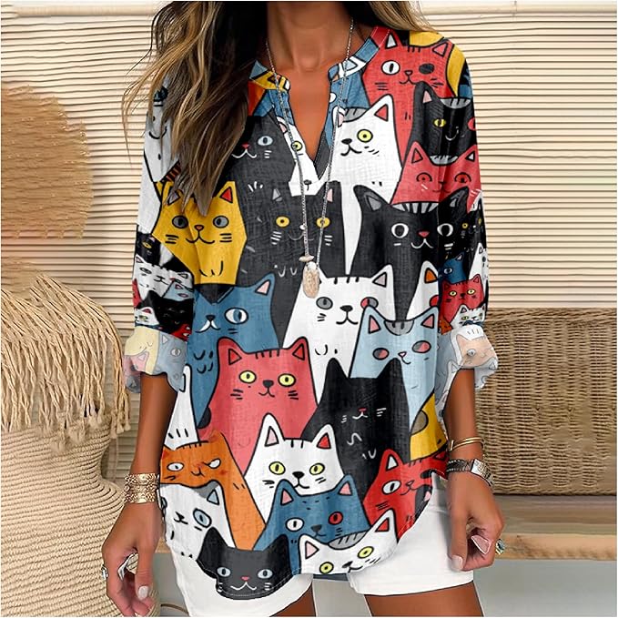 MARSVOVO Cat Shirts for Women Long Sleeve Cute Cat Pullover Graphic Novelty V Neck Blouse Oversized Funny Tunic Tops
