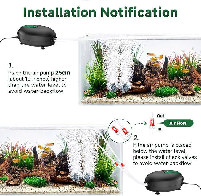 AQQA Aquarium Air Pump Whisper Oxygen Aerator Powerful Fish Tank Air Pump Dual Outlets Adjustable Airflow Bubblers with Air Stone Tubes Check Valves (8W for Up to 160Gal Tank)
